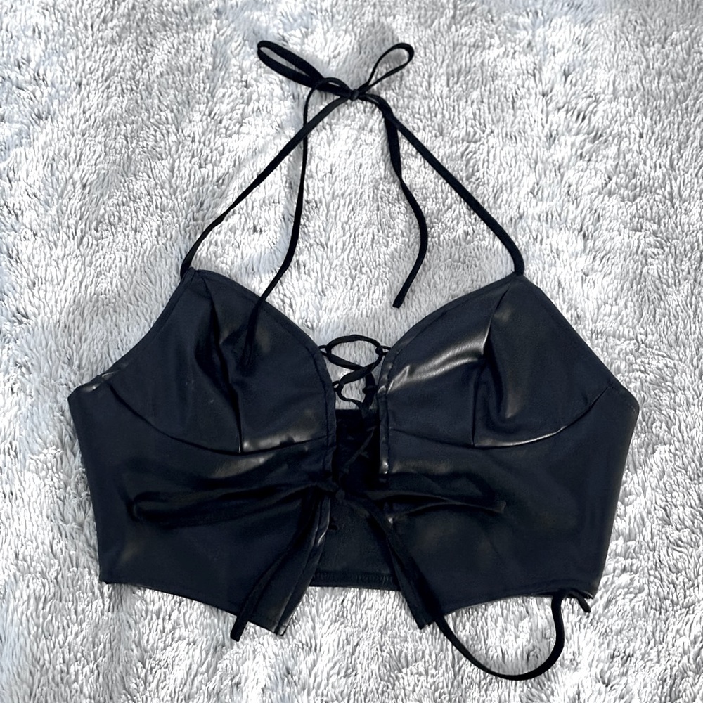 Faux leather lace up front halter top